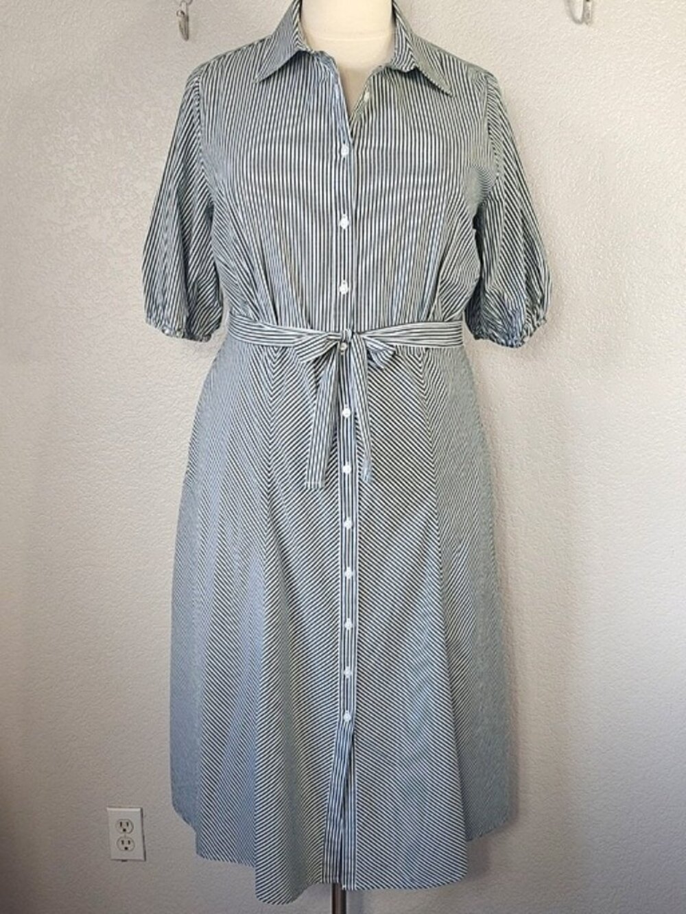 a new day XXL Midi Shirt Dress Green & White Stripe Short Puff Sleeve Belted